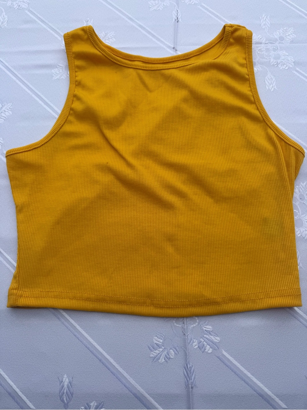 Mustard Yellow Ribbed High Neck Sleeveless Crop Tank Top